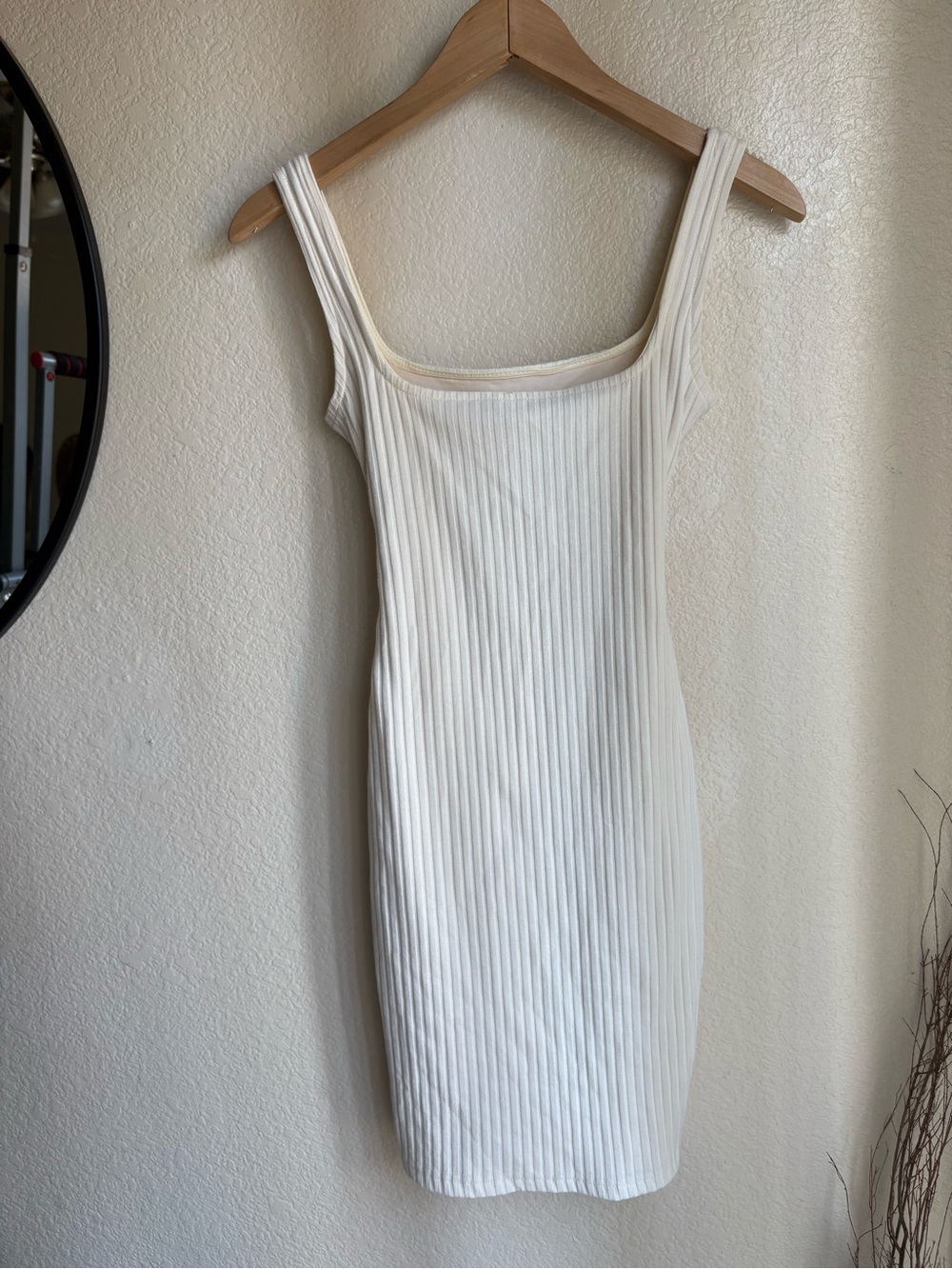 MESHKI Cream Ribbed Knit Bodycon Mini Dress Square Neck Tie Stretch XS